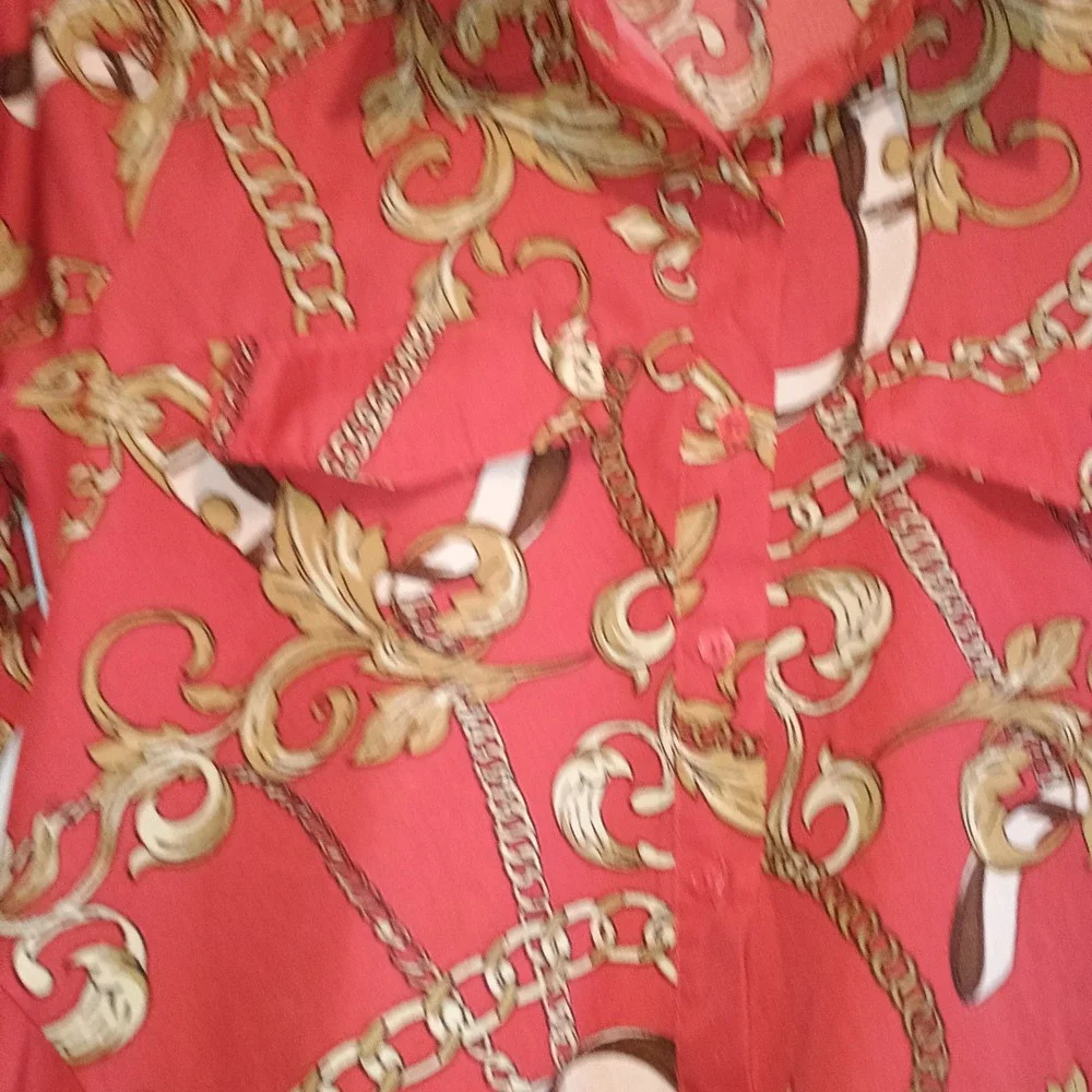 Truth Small VERSACE Inspired Chain Print Hi‎ Low Shirt Dress Tunic Red Gold S - Picture 9 of 15